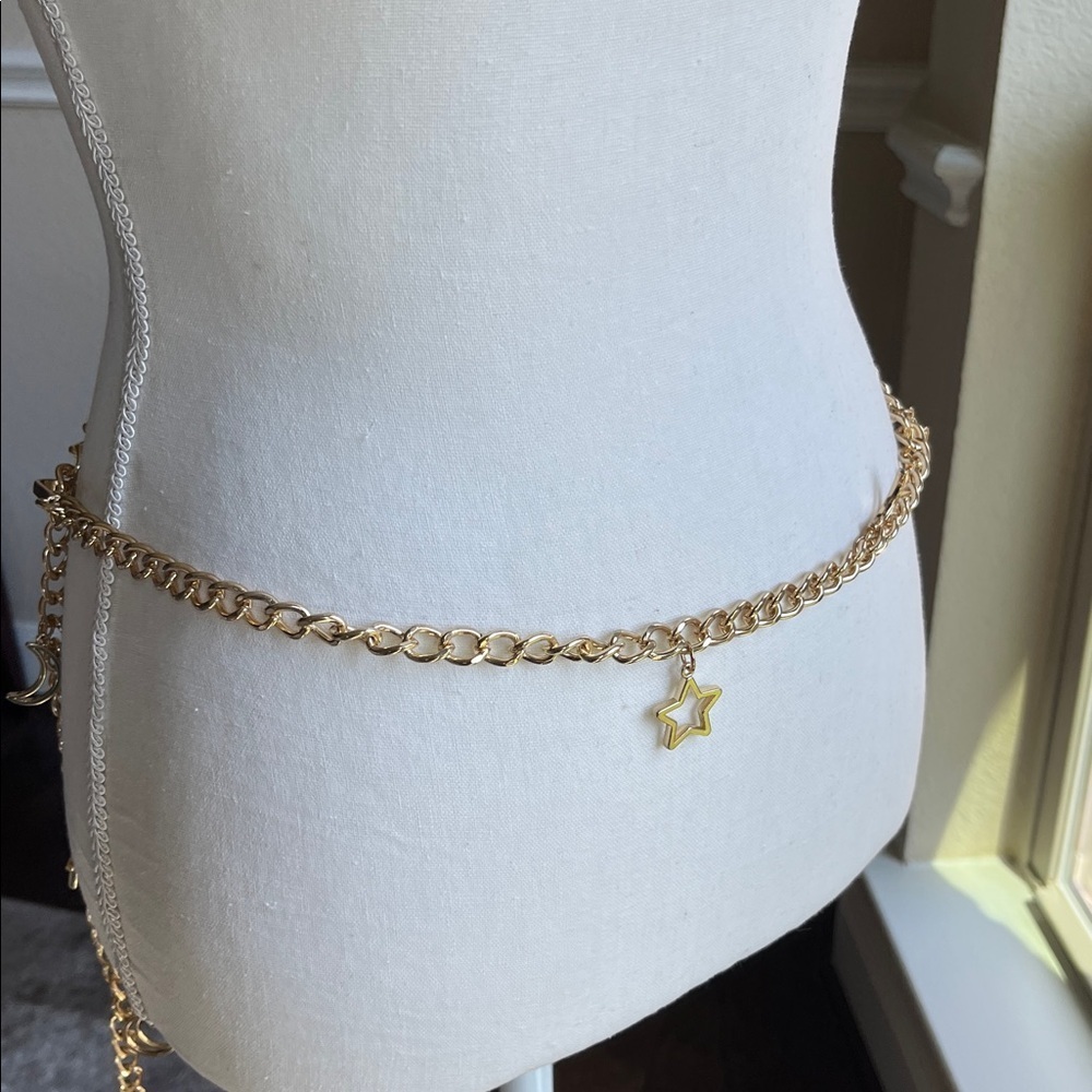 Gold Tone Chain Belt with Star and Moon Charms Celestial